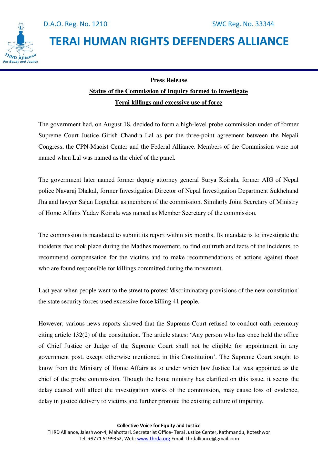 Status of the Commission to investigate Terai killings