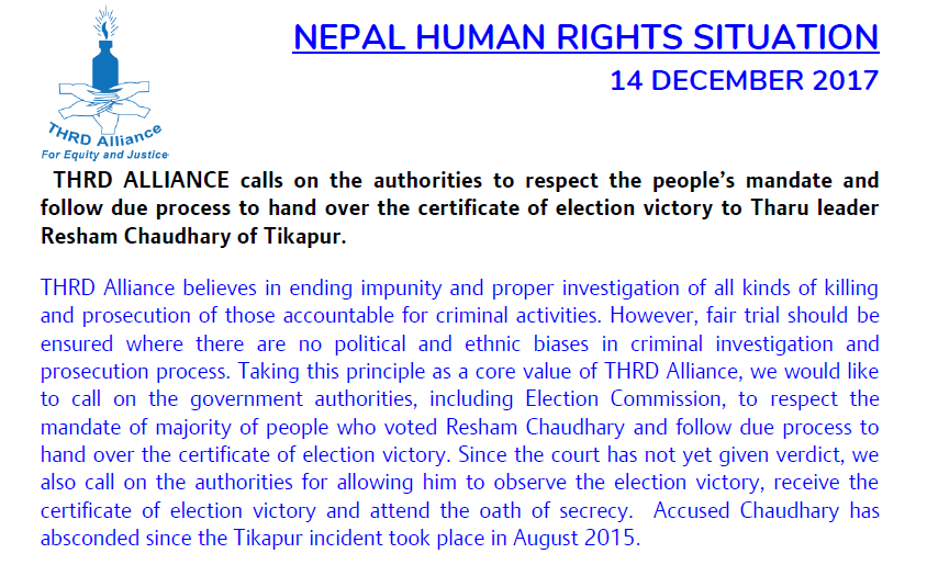 THRD Alliance’s Concerns Over Election Commission’s Refusal to Hand Over Election Victory Certificate to Resham Chaudhary